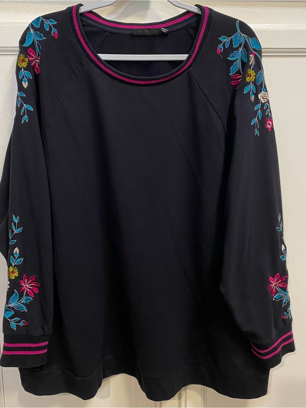 Susan Graver Black Sweatshirt with Multicolor Floral Embroidery